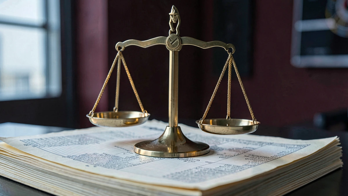 Balanza de justicia de bronce sobre documentos financieros con contratos y datos tabulares