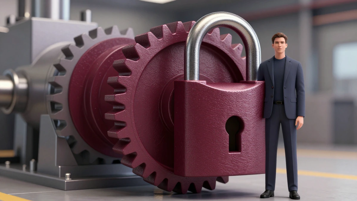 Candado granate protegiendo un engranaje industrial en un entorno moderno, simbolizando la protección de secretos