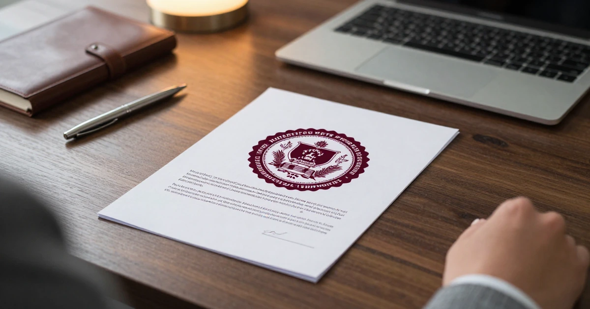 Documento legal con sello de propiedad intelectual en un escritorio de madera, rodeado de bolígrafo, cuaderno y laptop