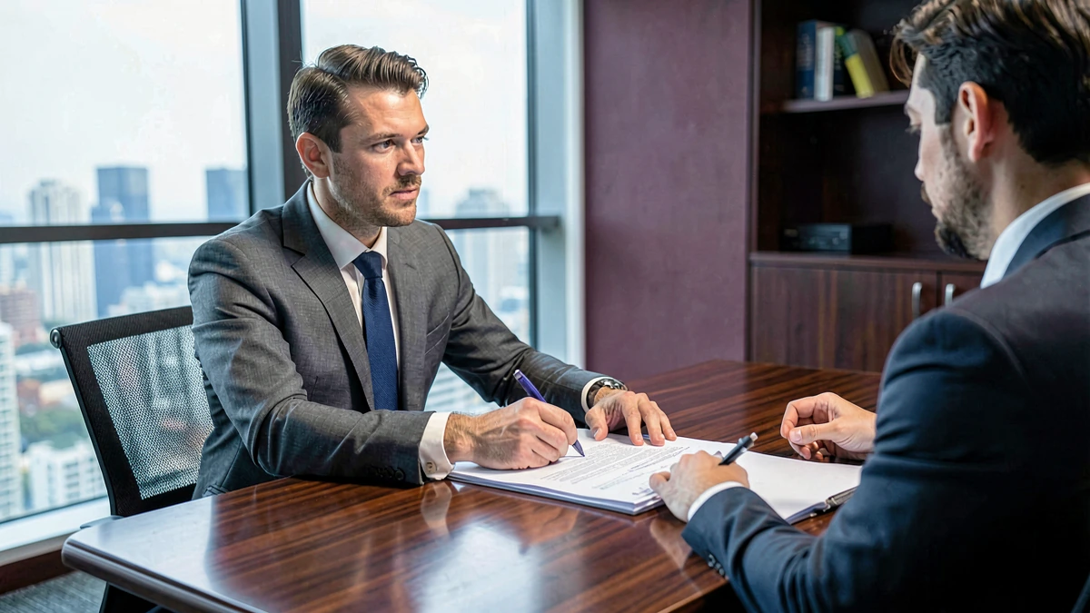 Consultor legal con traje gris y un cliente revisando documentos sobre una mesa de caoba en una oficina moderna