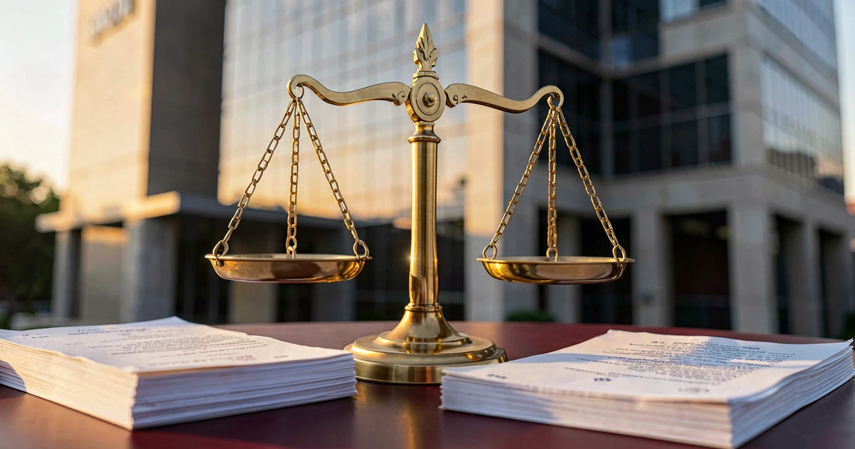 Balanza de justicia de latón pulido sobre documentos legales, con un edificio corporativo desenfocado al fondo al atardecer