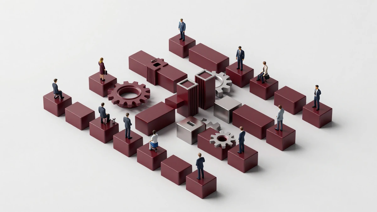 Modelo 3D de un sistema de cumplimiento corporativo con bloques geométricos en granate y metal pulido, engranajes y pilares