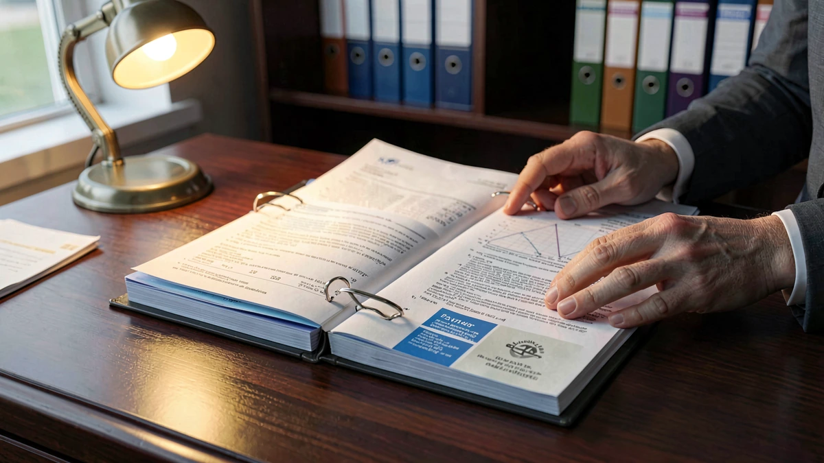 Carpeta legal abierta sobre escritorio de madera oscura con documentos de seguro, dictamen pericial, negativa de pago y