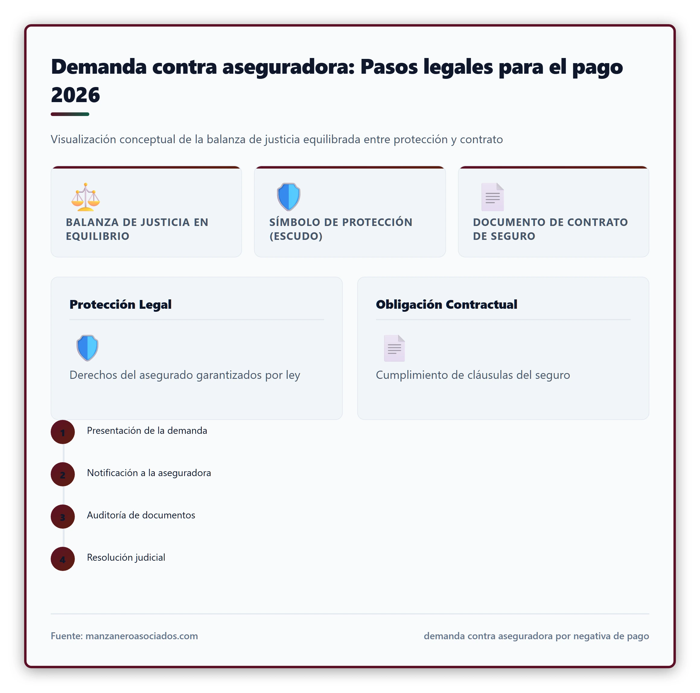 Demanda contra aseguradora: Pasos legales para el pago 2026. Visualización conceptual de la balanza de justicia equilibrada entre protección y contrato