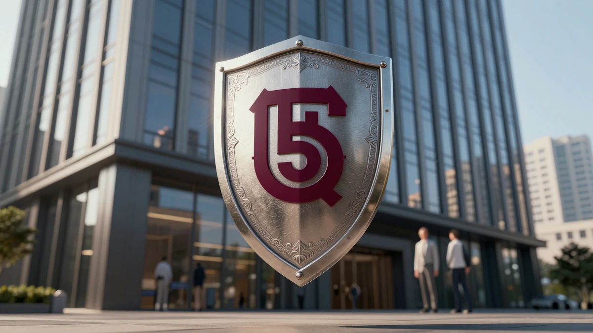 Escudo metálico con grabados detallados y emblema granate protegiendo un edificio corporativo moderno