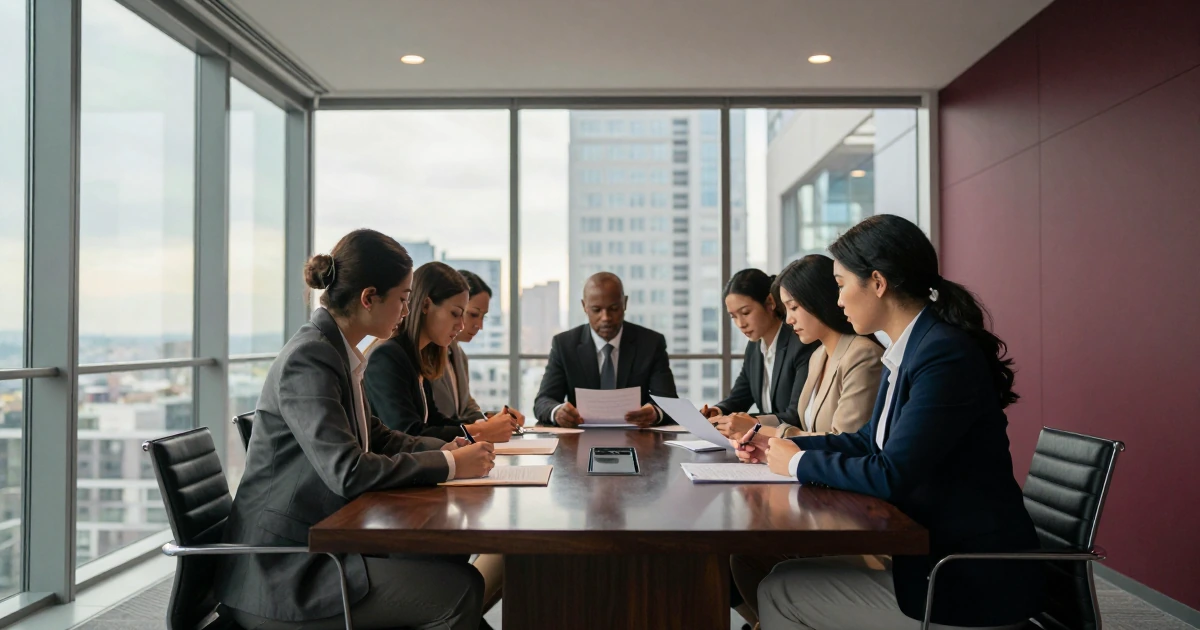 Equipo de profesionales en trajes de negocios analizando documentos en una sala de reuniones moderna con vista a la ciudad
