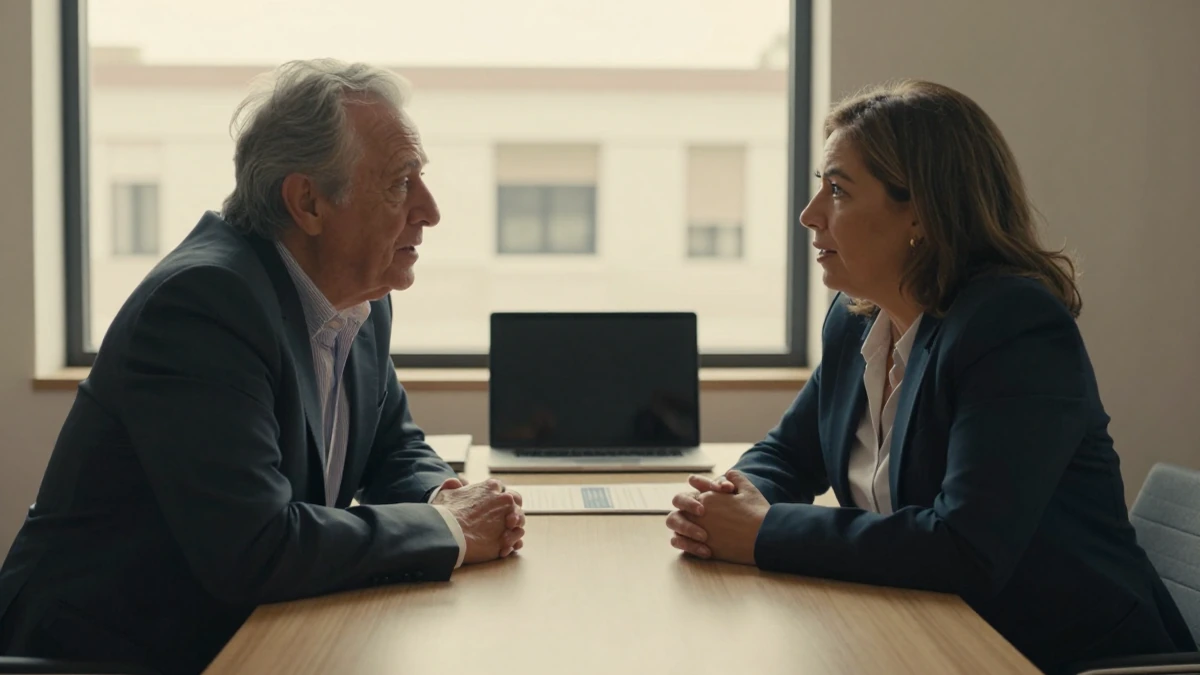 Un abogado mexicano y un adulto mayor conversan sentados frente a frente en una oficina iluminada con luz natural