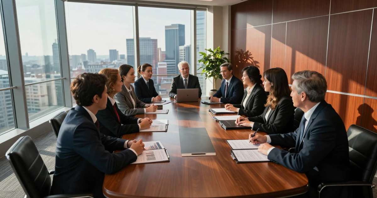 Reunión de negocios de alto nivel en un despacho jurídico moderno, con profesionales discutiendo documentos legales y